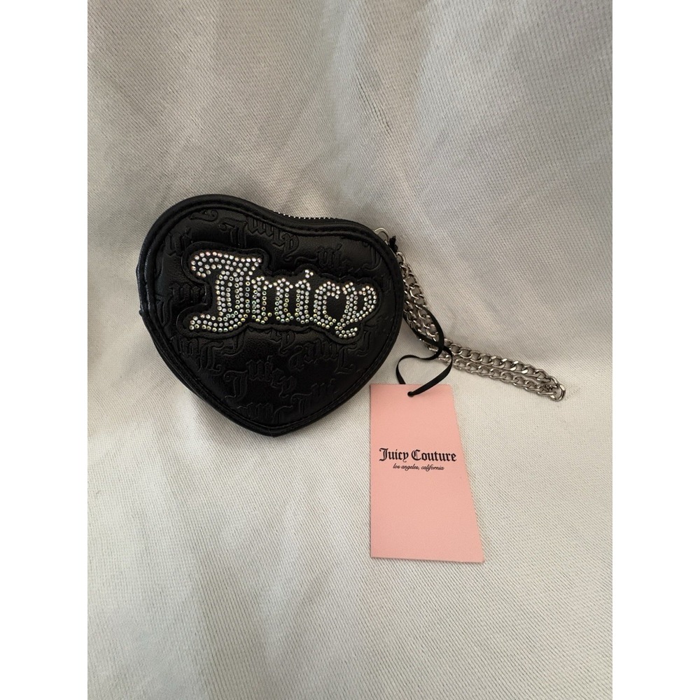 NEW Juicy Couture Wristlet String Of Pearls Heart Zip Wristlet Liquorice Black